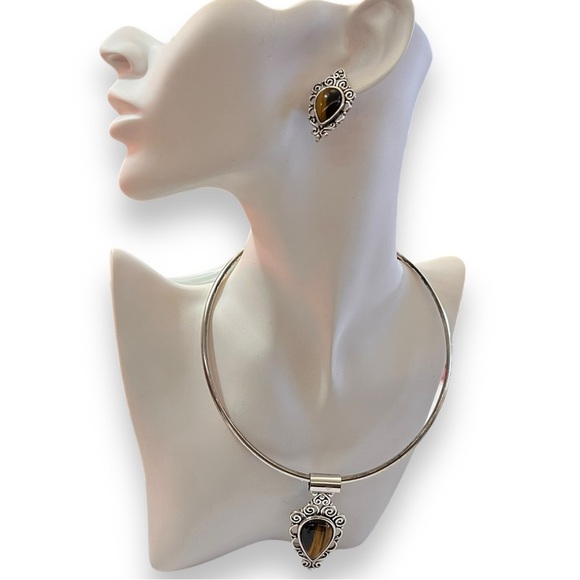 Tigers Eye Earring and Choker Necklace Set - Picture 1 of 4